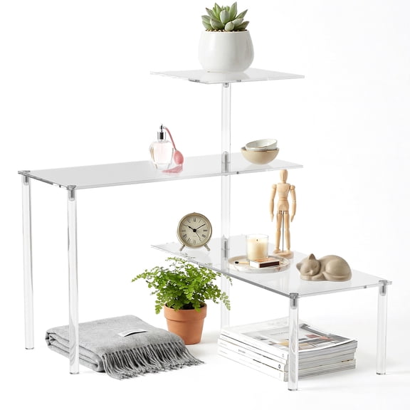 Grusce Clear Countertop Corner Organizer Shelf, 3 Tier Acrylic Bathroom Organizer, Corner Shelf for Kitchen Bedroom Countertop Space Saver Waterproof
