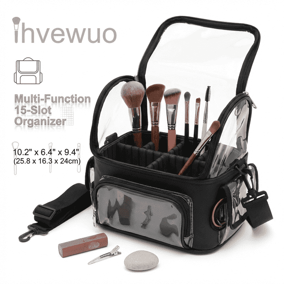 Stand-up Makeup Bag with Dividers, Portable Cosmetic Train Bag for MUA, Waterproof Travel Makeup Brush Organizer with Shoulder Strap, Clear Top