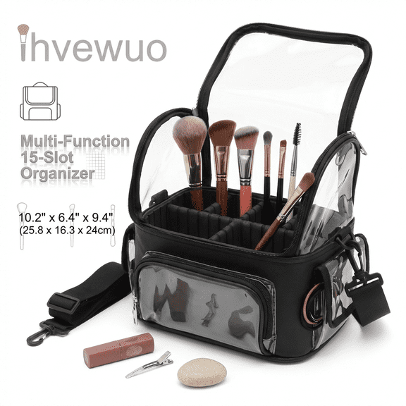 Ihvewuo Clear Makeup Brush Case, Stand-up Makeup Cup, Large Cosmetic Organizer Holder, Professional Makeup Artist Travel Case with Adjustable Dividers&Strap