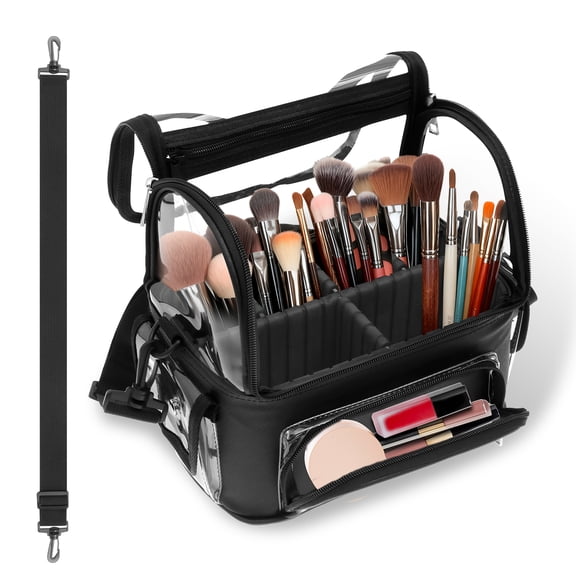 Ihvewuo Clear Makeup Brush Case, Stand-up Makeup Cup, Large Cosmetic Organizer Holder, Professional Makeup Artist Travel Case with Adjustable Dividers&Strap