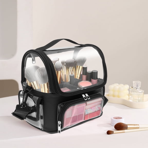 Ihvewuo Clear Makeup Brush Case, Stand-up Makeup Cup, Large Cosmetic Organizer Holder, Professional Makeup Artist Travel Case with Adjustable Dividers&Strap
