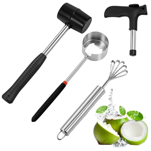 Grusce Coco Opener Tool Set, Stainless Steel Coco Opening Tool with Scraper, Hammer Hole Opener for Kitchen Picnics Beach Vacations