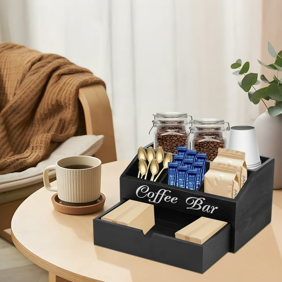 Grusce Coffee Bar Organizer Solid Wood Coffee Bar Accessories Organizer Space Saving Coffee Condiment Organizer Practical Coffee Station Organizer Versatile Coffee Pods Holder for Home