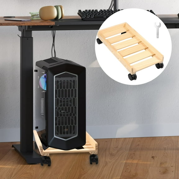 Grusce Computer Tower Cart with Wheels, Wood Computer Stand Cart Open Frame Design PC Case Stand Cart, Computer Tower Mobile Cart for Computer Host Home Office