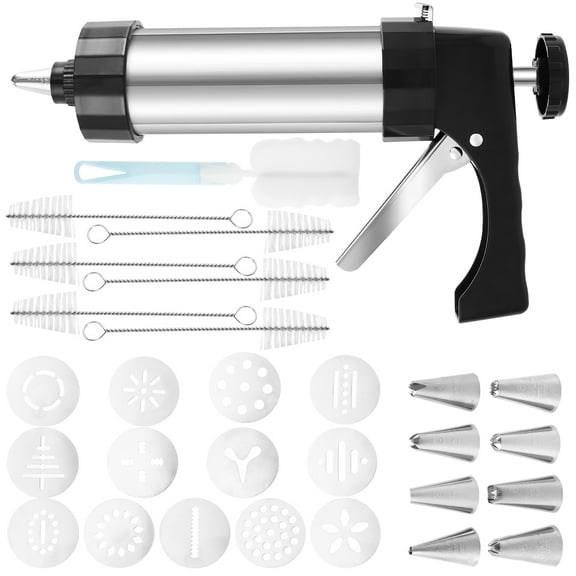 Grusce Cookie Press Kit Stainless Steel Cookie Press Decorating Kit Ergonomic Cookie Press Machine Portable Cookie Maker Press with Cookie Discs Icing Nozzles for Biscuits Cookies