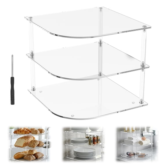 Grusce Corner Plate Shelf for Kitchen Space Saving, 3 Layers Cupboard Organiser for Tableware, Clear Acrylic Corner Shelf for Bathroom Wardrobe Bedside Table Counter Kitchen Table