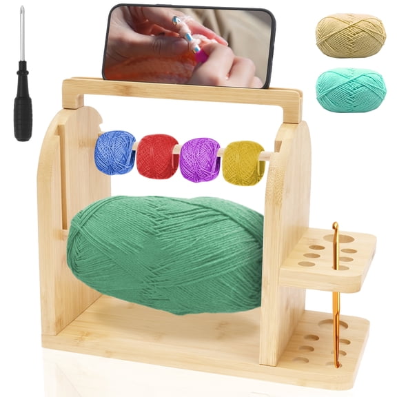 Grusce Crochet Yarn Holder Dispenser with Phone Stand, Wooden Yarn Spinner with Built in Tool Slots, Knitting Accessories Yarn Storage Organizer, Stable Yarn Rack Stand