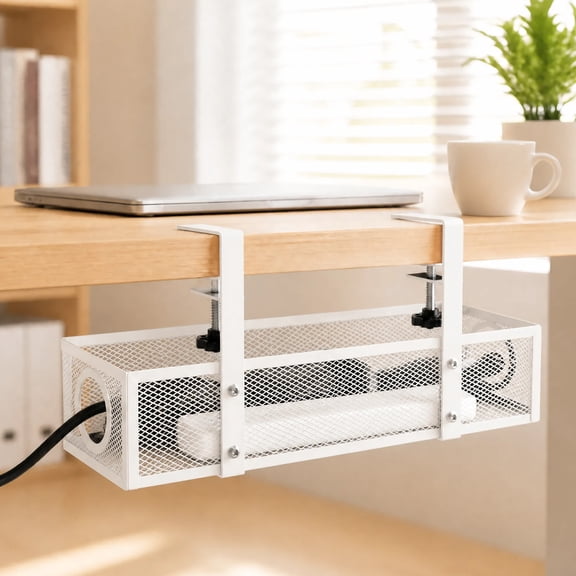 Grusce Under Desk Cable Management Tray, Wire Organizer No Drill Cable Tray with Clamp for Wire Management, Cord Organization Box for Office Home Desk