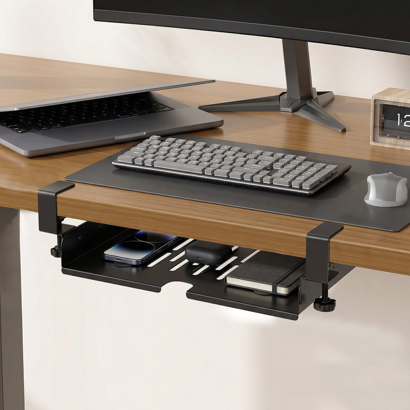 Grusce Under Desk Laptop Storage Shelf No Drill Metal Under Table Storage Tray with Cable Management and Clamp Mount Hold Up to 20 kg for Home Office Dorm
