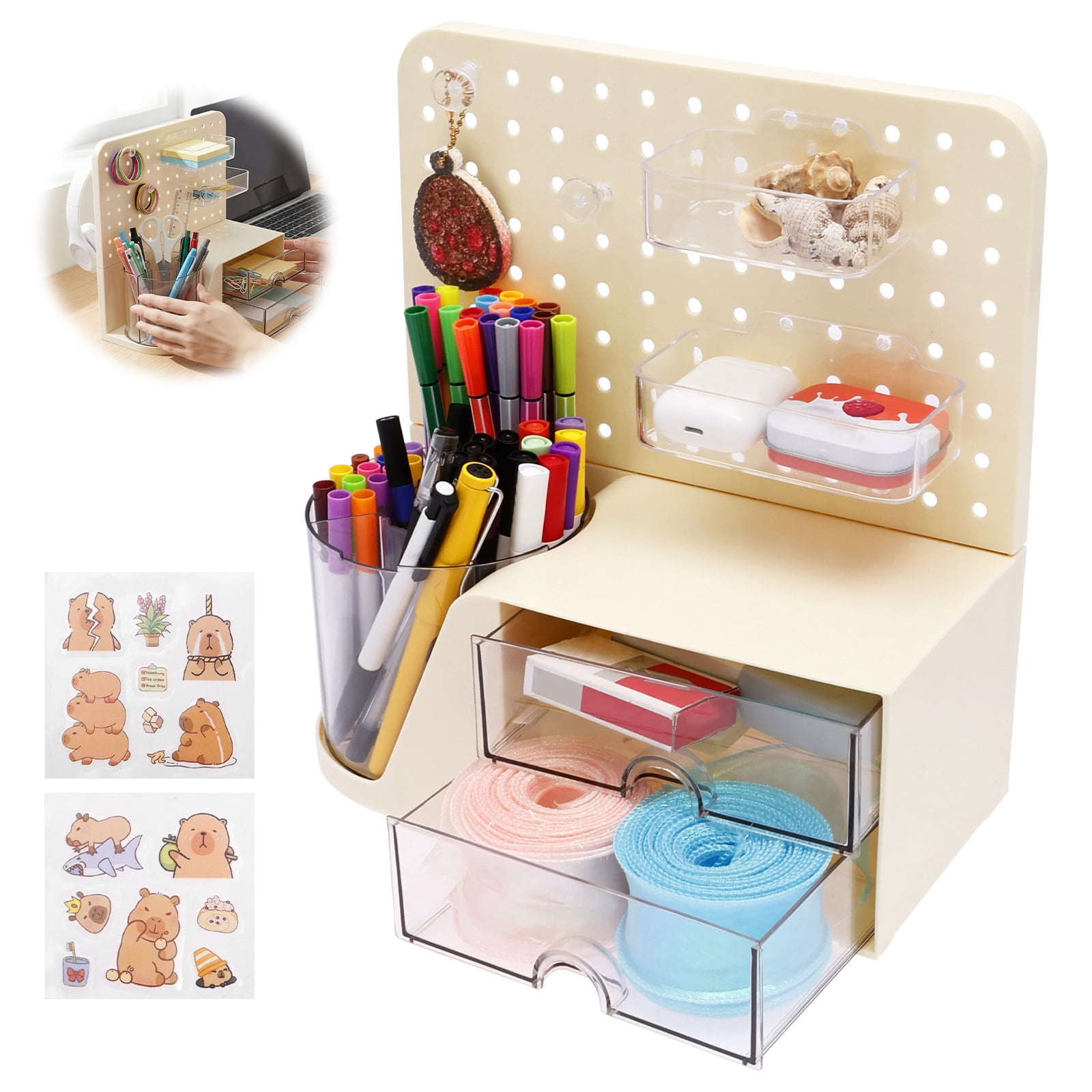 Grusce Desk Organizer, Multifunctional Pen Holder and Office Accessories, Large Capacity Pen Organizer Holder with 2 Drawers, Desktop Organiser Tabletop Caddy for Desk Office Supplies
