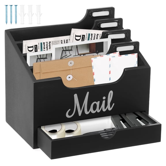 Grusce Desktop Mail Organizer with 4 Compartments and Drawer Wooden Mail Sorter Document Holder for File Letter Document Home