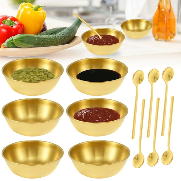 Grusce Dipping Bowls Set of 6 Stainless Steel Dip Bowls Rustproof Tapas Bowls Set with 6 Spoons Practical Condiment Cups Stainless Steel Sauce Cup Gold Saucer Plates Saucers Bowl for Home Kitchen