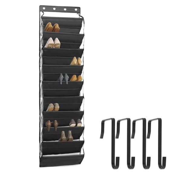 Grusce Over The Door Shoe Organizer for Closet Door 10 Tier Cloth Hanging Shoe Rack Vertical Deep Pockets Closet Shoe Organizer With 4 Hooks for Sneakers Boots