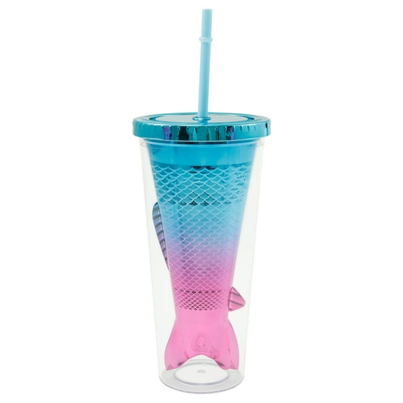 Grusce Double Mermaid Tail Straw Cup 350ml Gradient Straw Cup Leak Proof Glitter Water Mug, ABS Mermaid Tail Tumbler for Party