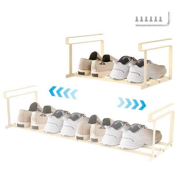Grusce Expandable Under-Shelf Shoe Rack for Closet, Retractable Hanging Cabinet Shoe Shelf, No-Tool Installation Sturdy Metal Hanging Shelves for Sneakers, Flats & Casual Shoes
