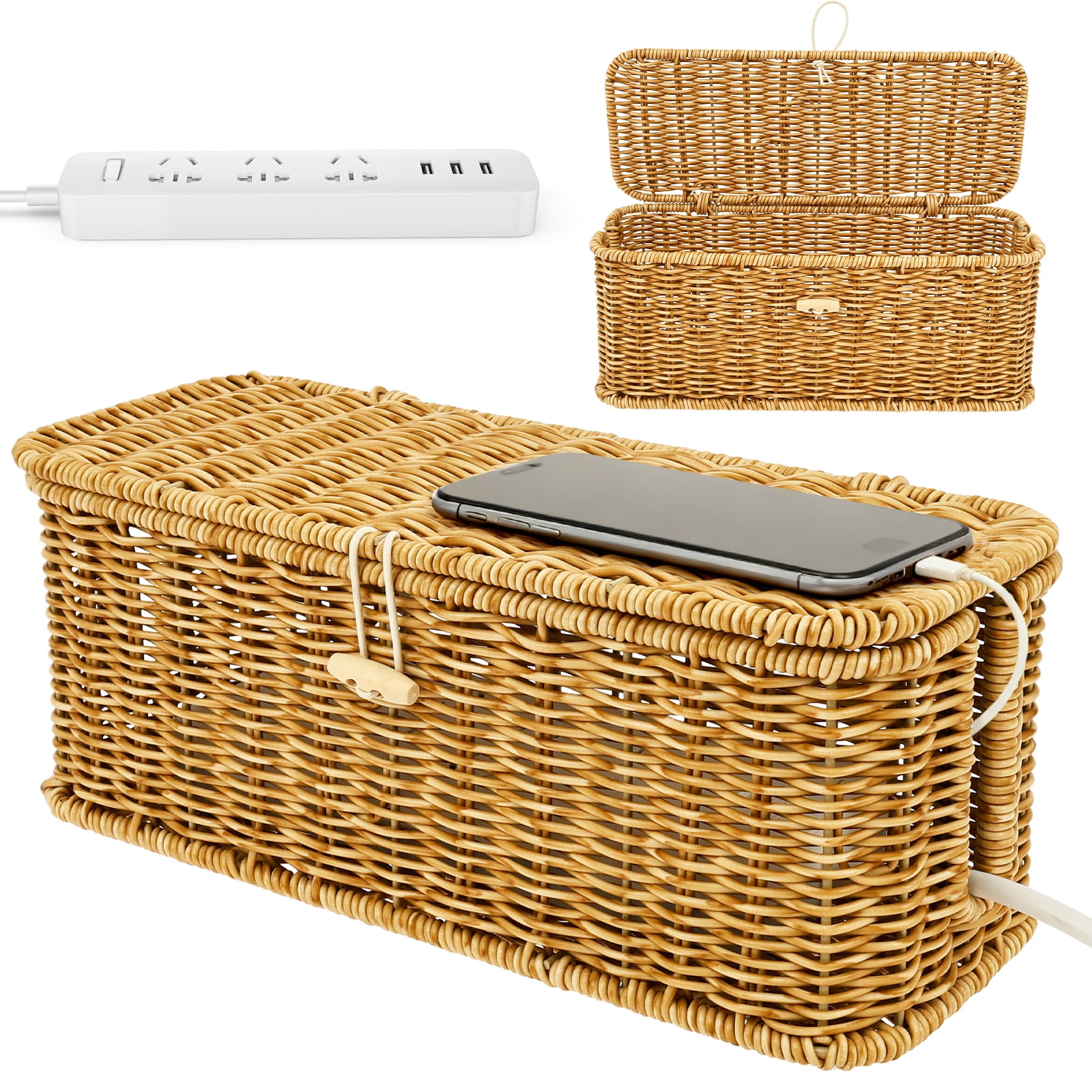 Grusce Faux Rattan Woven Cable Management Box With Lid 2 Open Slot ...
