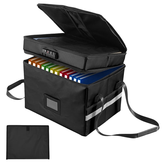 Grusce Fireproof Document Box with Lock, 2 Layer File Cabinet Organizer, Portable Office Collapsible File Storage with Reflective Strip for Hanging Letter, Legal Size Folder