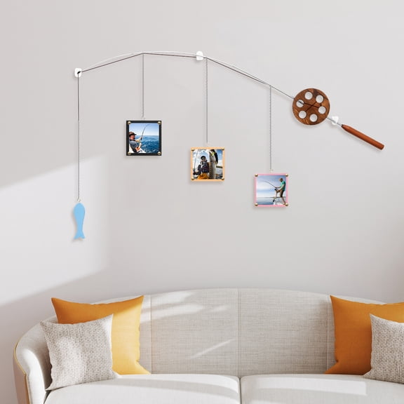 Grusce Fishing Pole Triple Photo Frame, Fishing Wall Decor with 3 Hanging 4" x 4" Wood Frames, The Big Catch Fly Fishing Pole Picture Holder Frame Themed Decor