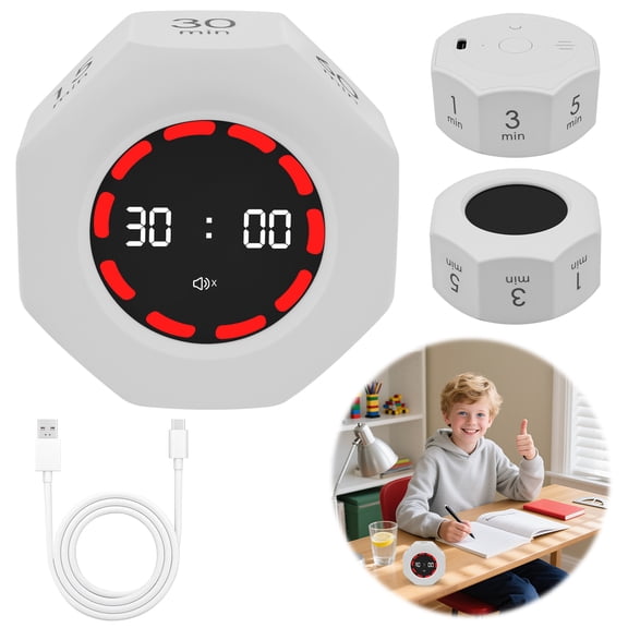 Grusce Flip Cube Digital Timer, Portable Mini Desk Visual Timer with 3 Alarm Mode and 7 Preset Intervals for Study Work Kitchen Office Classroom