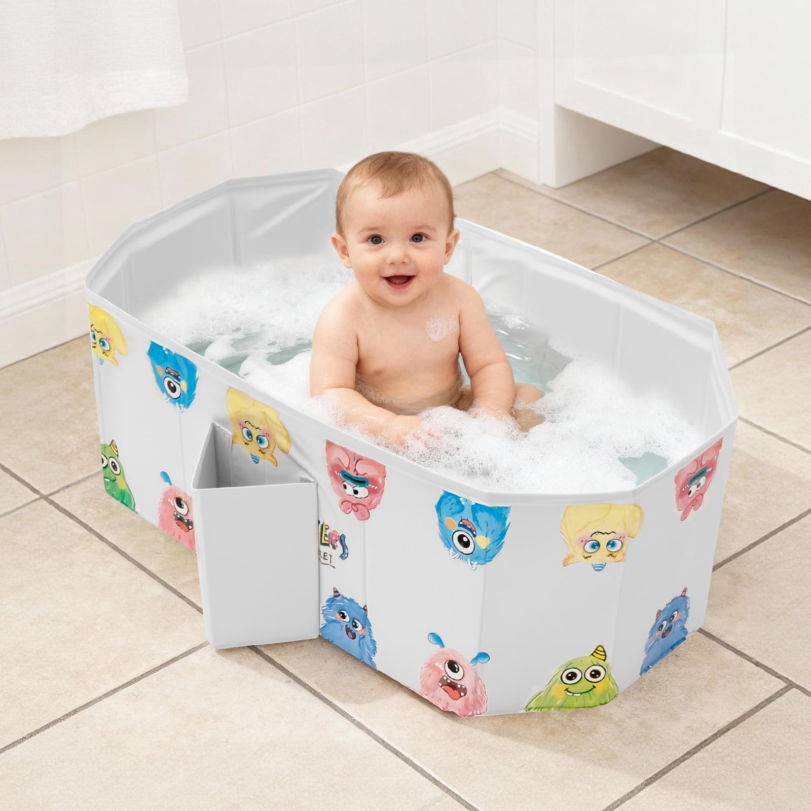 Grusce Foldable Bathtub, Multifunctional Portable Bath Tub, Large Shower Bath Tub for Age 0-8 All in One Design with Drain Plug, Cat and Dog Pet Wash Shower Basin