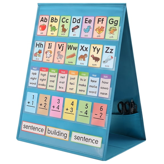 Grusce Foldable Tabletop Pocket Chart Stand, 13 inch Wide x 17 inch Tall Double Sided with 5 Straps Each, Reusable for Classroom Home, Offices