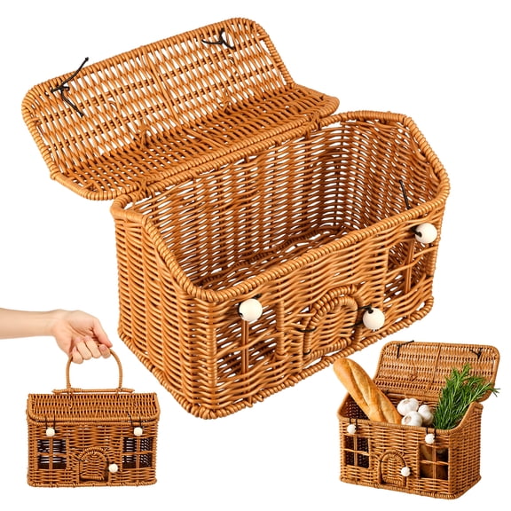 Grusce Garden Harvest Basket 9.45 x 5.51 x 6.3 Inches House Shape Plastic Basket with Lid and Handle Handmade Vintage Woven Suitcase for Organizing Picnic Home Decor