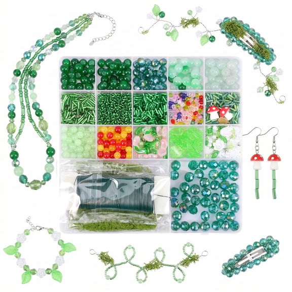 Grusce Green Glass Beaded Plant Kit Forever Plant Beaded Leaf Flower Bead for Succulent Planting Jewelry Making and DIY Craft
