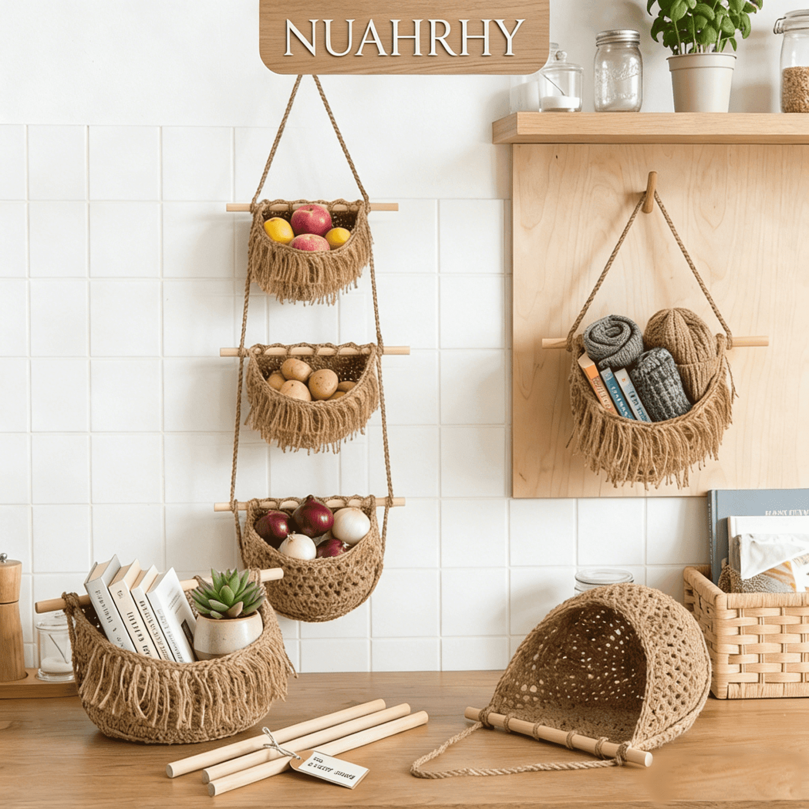 NUAHRHY 3 Tier Hanging Fruit Basket Wall Mounted Vegetable Storage Holder, Over The Door Organizer Bag Woven Jute Boho Wall Decor, Hanging Produce Basket for Entrance Kitchen Dorm RV Home Bedroom