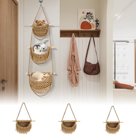 Grusce Hanging Fruit Basket, 3 Tiers Woven Jute Wall Storage Basket, Boho Decor Over The Door Organizer for Entrance Dorm RV Home Living Room Kitchen