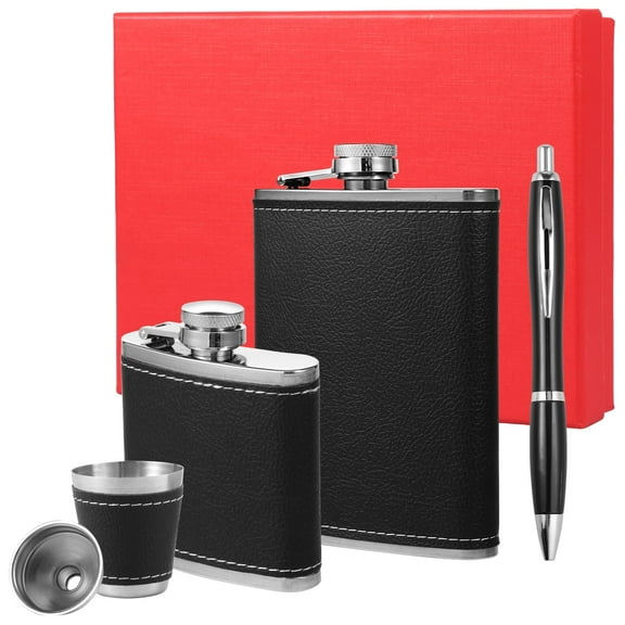 Grusce Hip Flask Set with Funnel and Shot Glasses, 3 oz and 8 oz Ergonomic Liquor Pocket Flask, Stainless Steel Alcohol Flask + PU Leather Whiskey Flask, Leak Proof Pocket Hip Flask with Pen