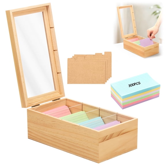 Grusce Index Card Organizer Holder, 3x5 Index Card Holder Box, Note Card Holder with 300 Cards with 4 Dividers, Wood Recipe Box with Clear Lid, 4 Compartments