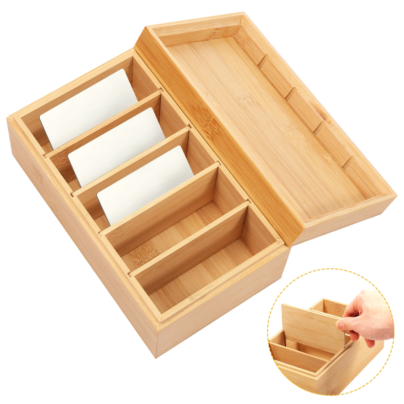 Grusce Index Card Organizer Holder, Wood Business Card Holder with Lid, 4.29x1.49 inch Index Card Organizer with 5 Compartments, Rustic Desktop Filing Box for Office & Home