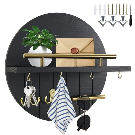 Grusce Key Holder for Wall, 11.8 Inch Circular Wooden Key Hanger, Decorative Key Rack with Shelf and 8 Hooks, Rustic Key and Mail Holder Organizer for Entryway Hallway Kitchen Office