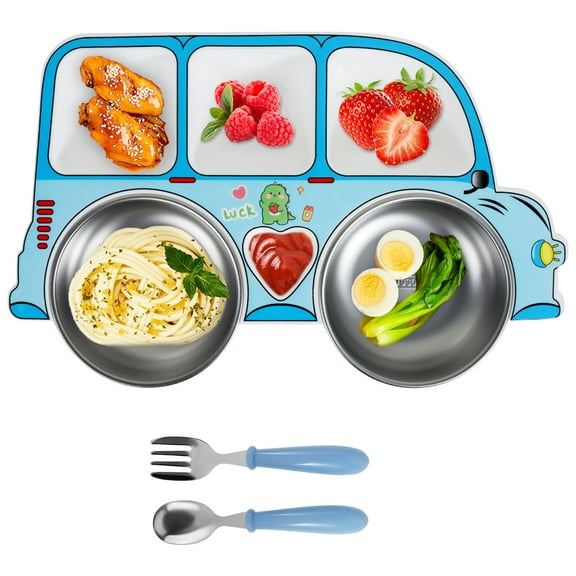 Grusce Kids Dinnerware Set, Car Shaped Plate and Bowl Set, Divided Plates with Spoon and Fork, Picky Eater Friendly, Dishwasher Safe, Personalized designs and Colors, Gift for Toddlers