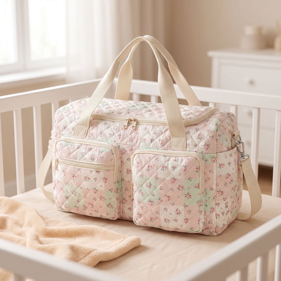 Grusce Large Baby Changing Bag, Quilted Duffle Bag, Tote Diaper Bag for Hospital Stays And Family Outings