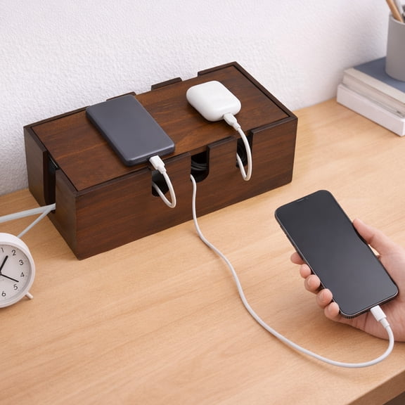 Grusce Large Cable Management Box Wood Cord Organizer Box for Home Desk Wire Organizer Cord Placement Storage for Hiding Messy Cables