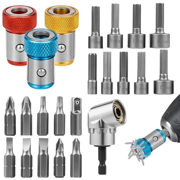 Grusce Magnetic Screw Holding Ring Bit Holder Kits, S2 Alloy Steel Assist Adapter with 9 Socket, 10 Drill Bits, Easy to Install Screwdriver Accessory