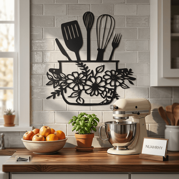 NUAHRHY Metal Kitchen Signs Wall Decor Modern Black Kitchenware Cookware Design Line Art Rustic Home Hanging Pictures Farmhouse Sign for Easter Dining Room Housewarming Party