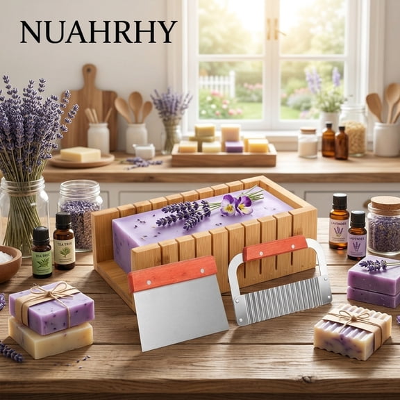 NUAHRHY Multi-slot Soap Cutting Set, Wooden Soap Mold Making Kit, Loaf Cutter Mold with Straight and Wavy Stainless Steel Cutter, Adjustable Slicer for Bread Dessert Soap Making