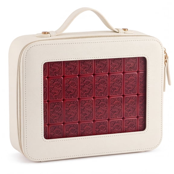Grusce PU Leather Mahjong Tile Bag with Clear Display Window for Game Night