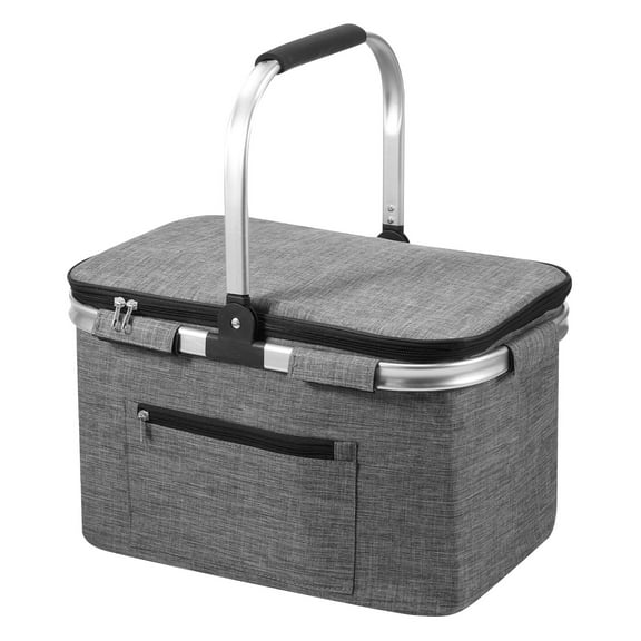 Grusce Picnic Basket, 30L Shopping Basket with Handle, Collapsible Grocery Basket, Portable Folding Basket, Large Insulated Picnic Basket, Water Resistant & Leakproof Cooler Basket