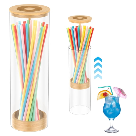 Grusce Plastic Straw Holder Dispenser, 9.8inch Acrylic Drinking Straw Holder, Transparent Straw Organizer, Straw Storage Container with Bamboo Lid for Kitchen Office Cabinet Holds Pencil Cutlery