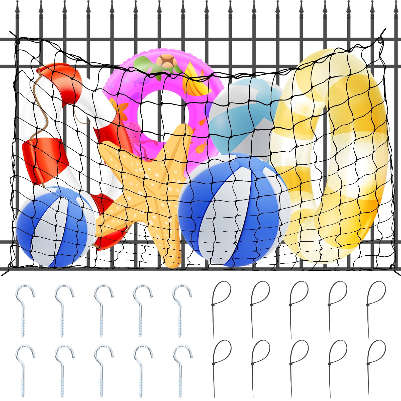 Grusce Pool Float Net Storage Bag, 71" x 45" Large Hanging Pool Toy Storage Mesh Net, Adjustable Poolside Fence Organizer for Swimming Ring Balls Inflatables with 10 Hooks & 10 Cable Ties