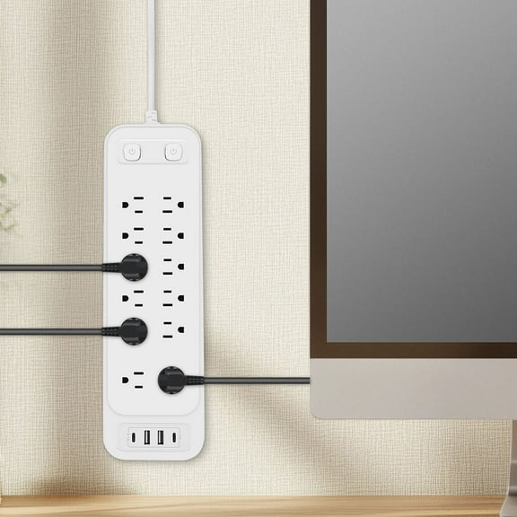 Grusce Power Strip US Surge Protector Power Strip with 12 Outlets 4 USB Ports 6 FT Flat Plug Extension Cord Flat Plug Power Strip Wall Mounted Multiple Outlet Power Strip for Workbench