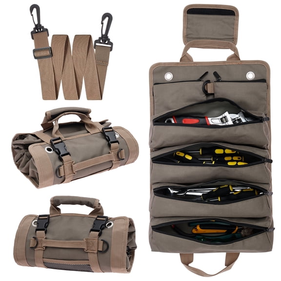 Grusce Roll Up Tool Bag with Carry Handle, Multi Pocket Tool Wrap Storage Bag, Canvas Rollup Toolbag, Wrench Carrier Pouch for Carpenter Plumber Mechanic Electrician
