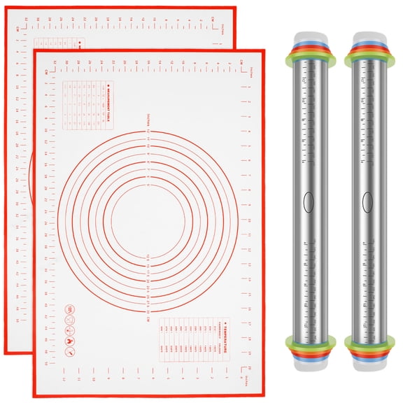 Grusce Rolling Pin and Silicone Baking Pastry Mat Set, Stainless Steel Dough Roller Pin, Nonstick Rolling Pin with Adjustable Thickness Rings, for Baking Fondant, Pizza, Pie, Pastries, Pasta, Cookies