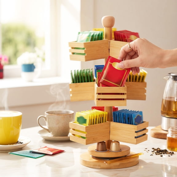 Grusce Rotating Tea Bag Organizer, Teabag Spinning Carousel, Bamboo Revolving Tea Caddy Sugar Bag Holder Rack, Matcha Station Accessories, Coffee Creamer Storage Box for Pantry Kitchen Countertop