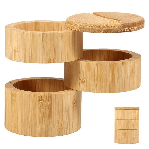 Grusce Salt Cellar with Magnetic Lid and Spoon 3 Tier Bamboo Salt Box Large Capacity Salt Container Multipurpose Spice Cellar for Sea Salt Coffee Seasoning Storage