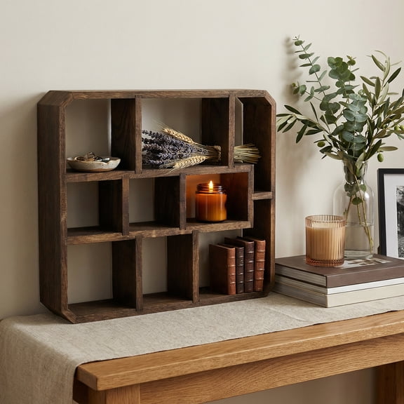 Grusce Shadow Box Display Shelf 9 Compartment Wood Hanging Floating Shelf Multi Slot Wall Mounted or Standing Farmhouse Decor Display Case