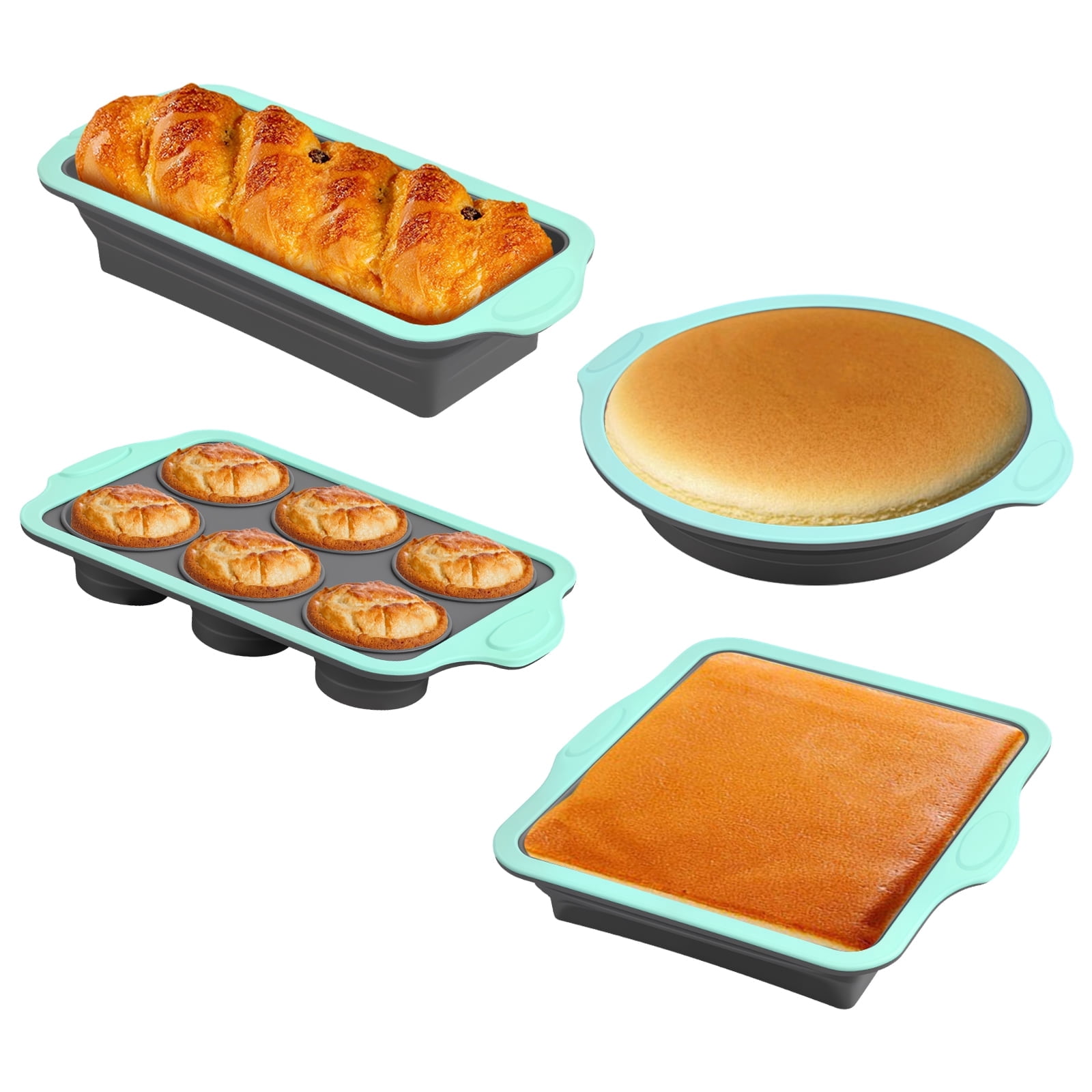 Grusce Silicone Baking Pan Set, 4PCS Silicone Cake Molds Kit, Stackable ...